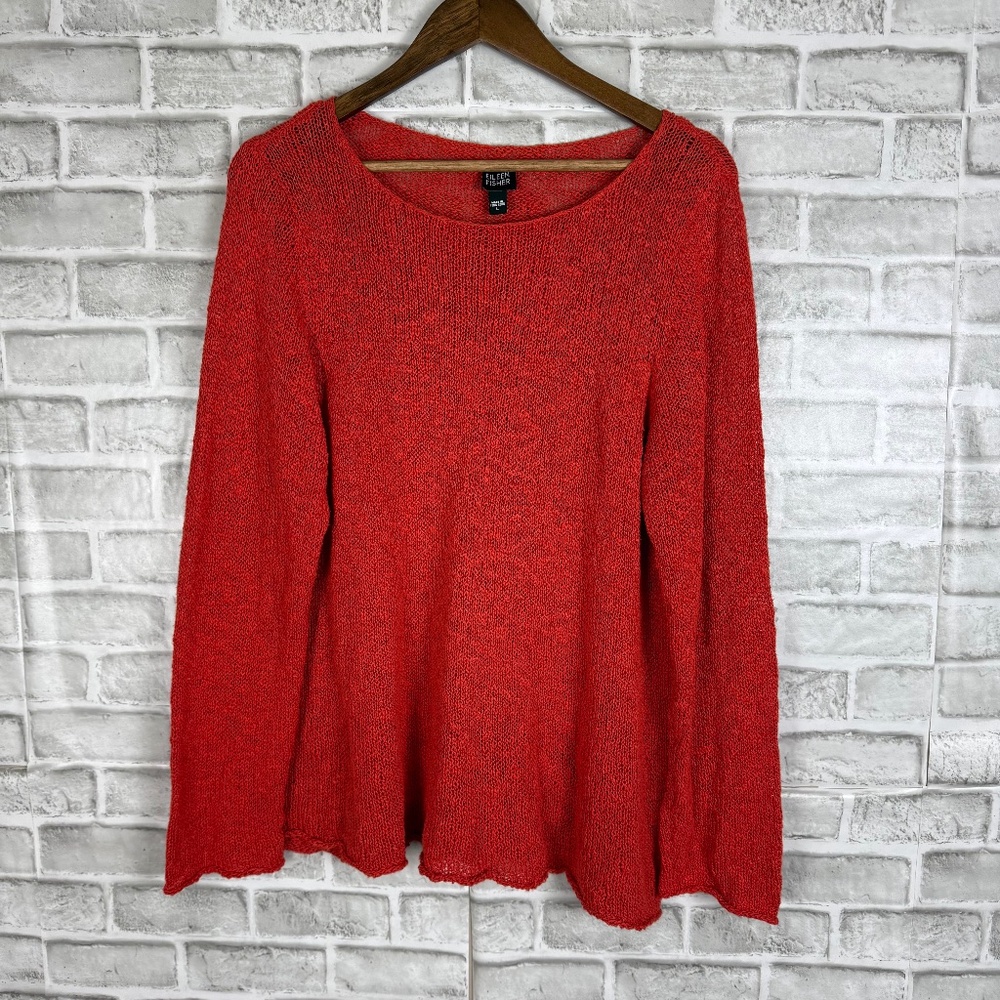 Eileen Fisher Rustic Orange Open Knit Round Neck Sweater Top Womens LARGE